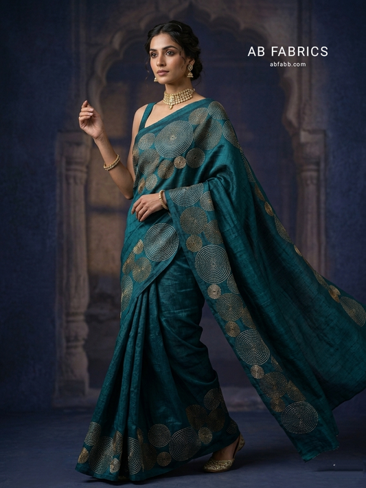 Teal Green Pure Tussar Silk Saree with Beautiful Hand Kantha Stitch Work