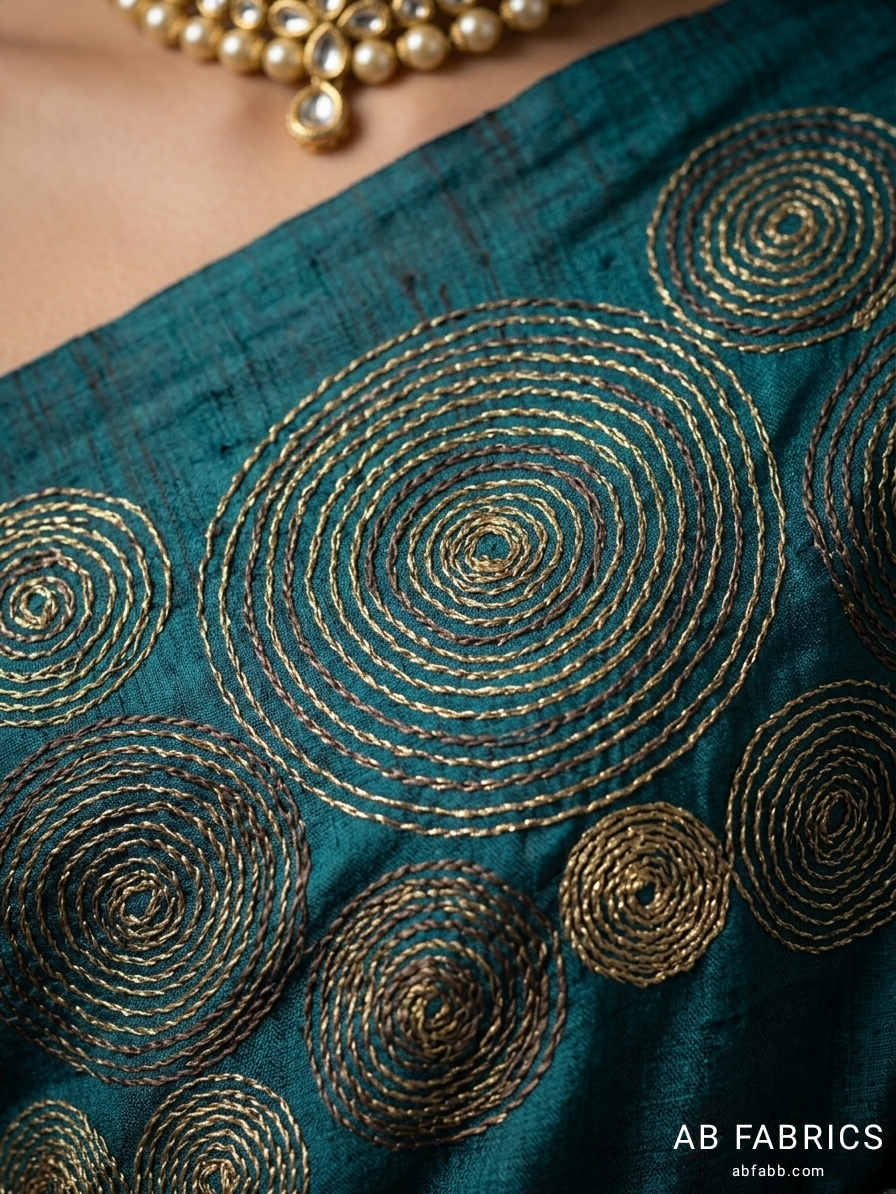Teal Green Pure Tussar Silk Saree with Beautiful Hand Kantha Stitch Work