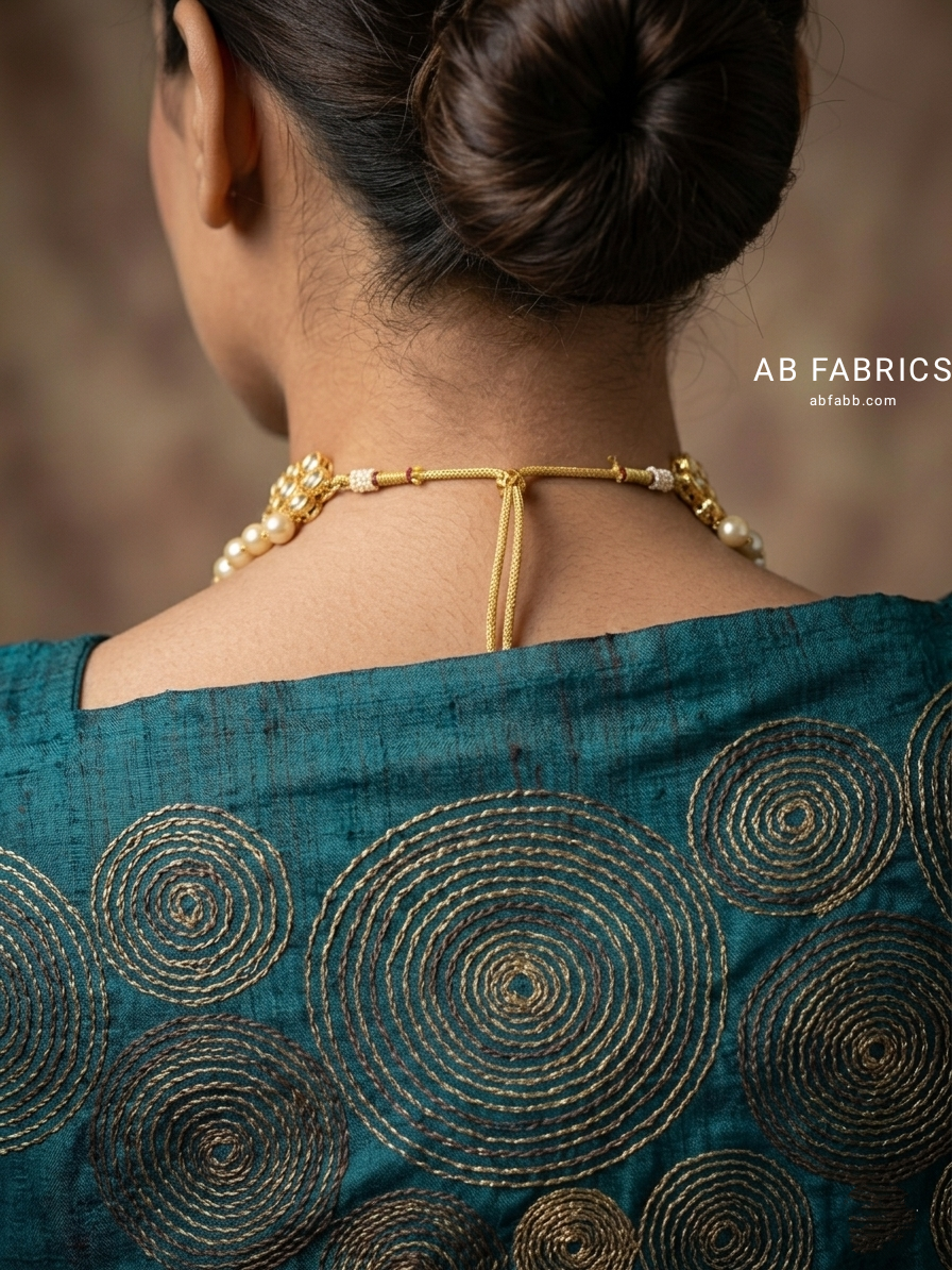 Teal Green Pure Tussar Silk Saree with Beautiful Hand Kantha Stitch Work