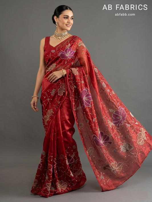 Crimson Red Pure Tussar Silk Saree with Hand Worked Floral Artistry