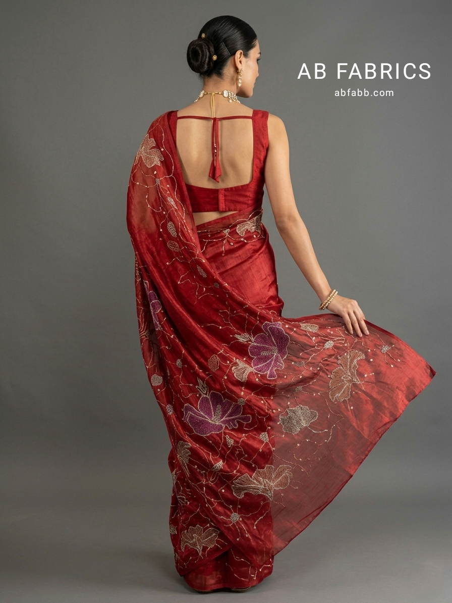 Crimson Red Pure Tussar Silk Saree with Hand Worked Floral Artistry