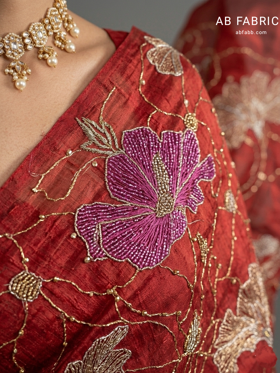 Crimson Red Pure Tussar Silk Saree with Hand Worked Floral Artistry