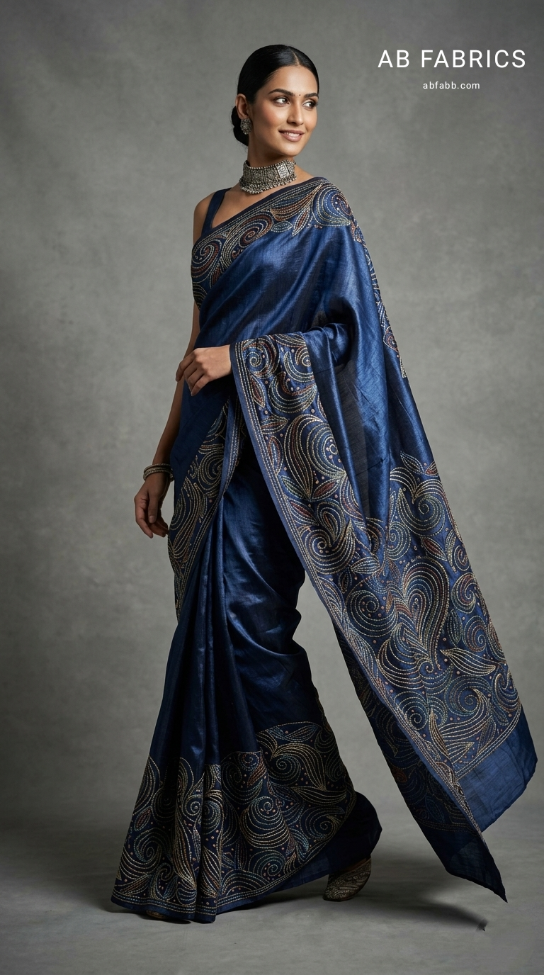 Midnight Blue Pure Tussar Silk Saree with Beautiful Kantha Stitches Work
