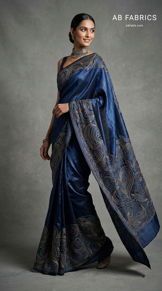 Midnight Blue Pure Tussar Silk Saree with Beautiful Kantha Stitches Work