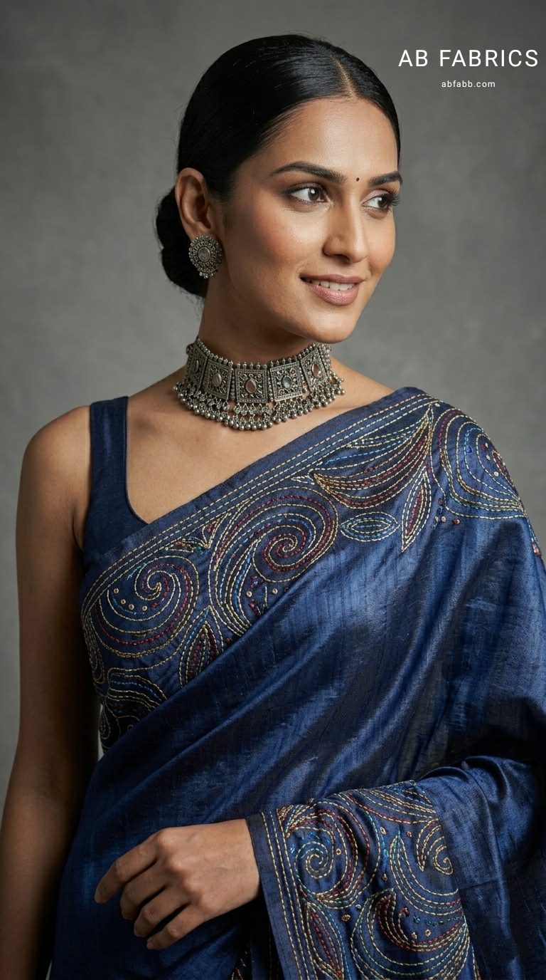 Midnight Blue Pure Tussar Silk Saree with Beautiful Kantha Stitches Work