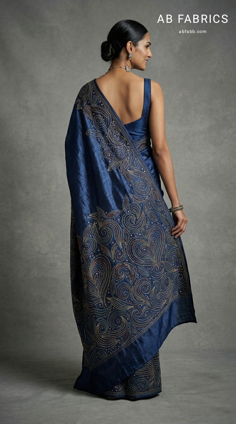 Midnight Blue Pure Tussar Silk Saree with Beautiful Kantha Stitches Work