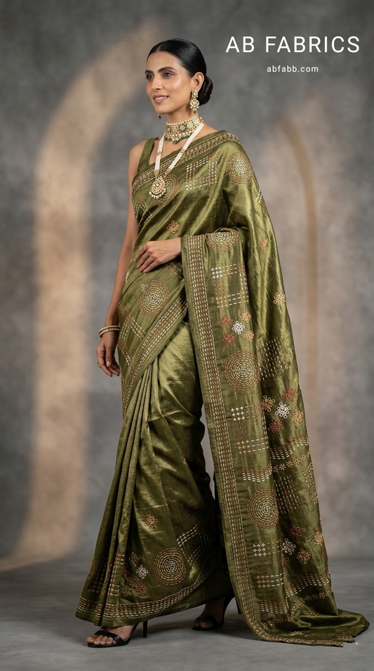 Olive Green Pure Tussar Silk Saree with Beautiful Kantha Stitches Work