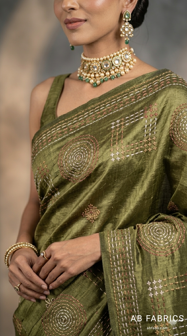 Olive Green Pure Tussar Silk Saree with Beautiful Kantha Stitches Work