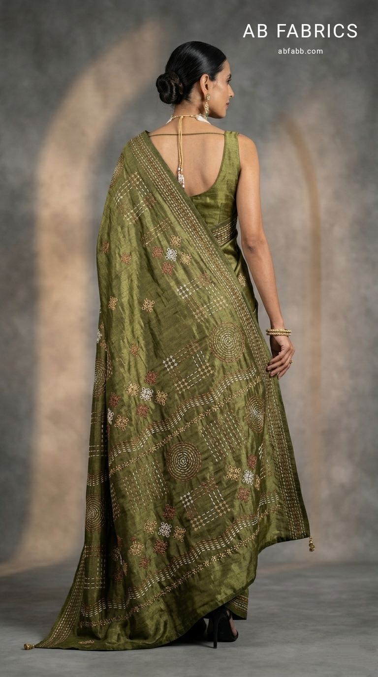 Olive Green Pure Tussar Silk Saree with Beautiful Kantha Stitches Work