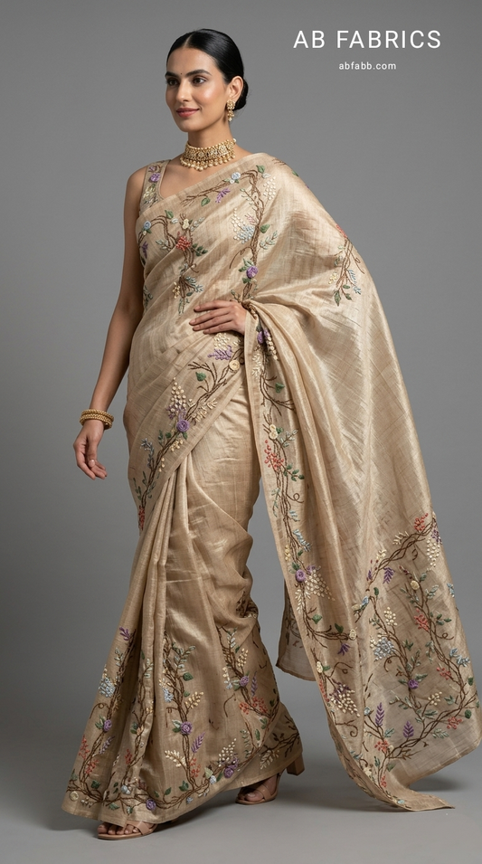 Beige Pure Tussar Silk Saree with Hand-Embroidered 3D Florals