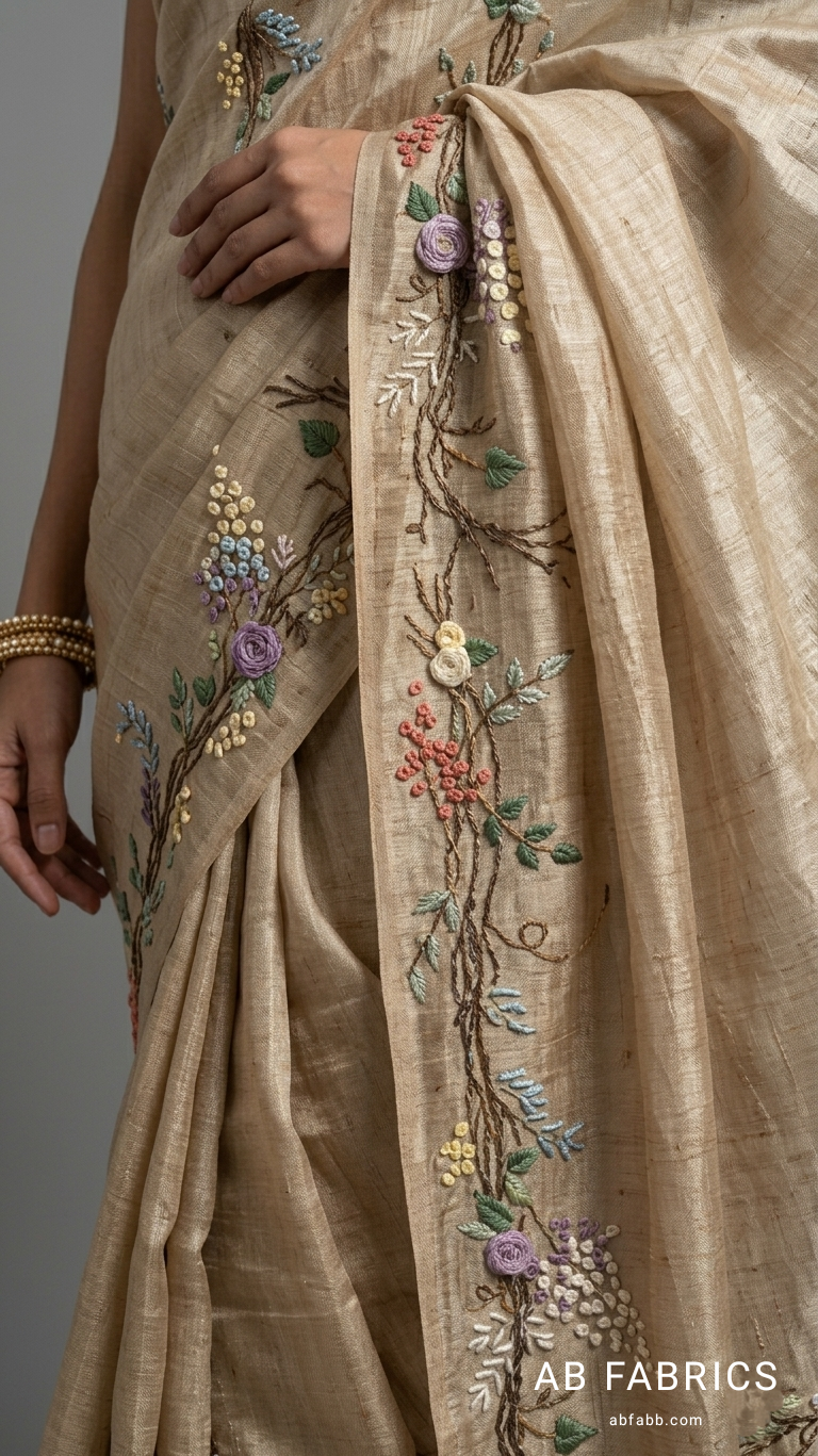 Beige Pure Tussar Silk Saree with Hand-Embroidered 3D Florals