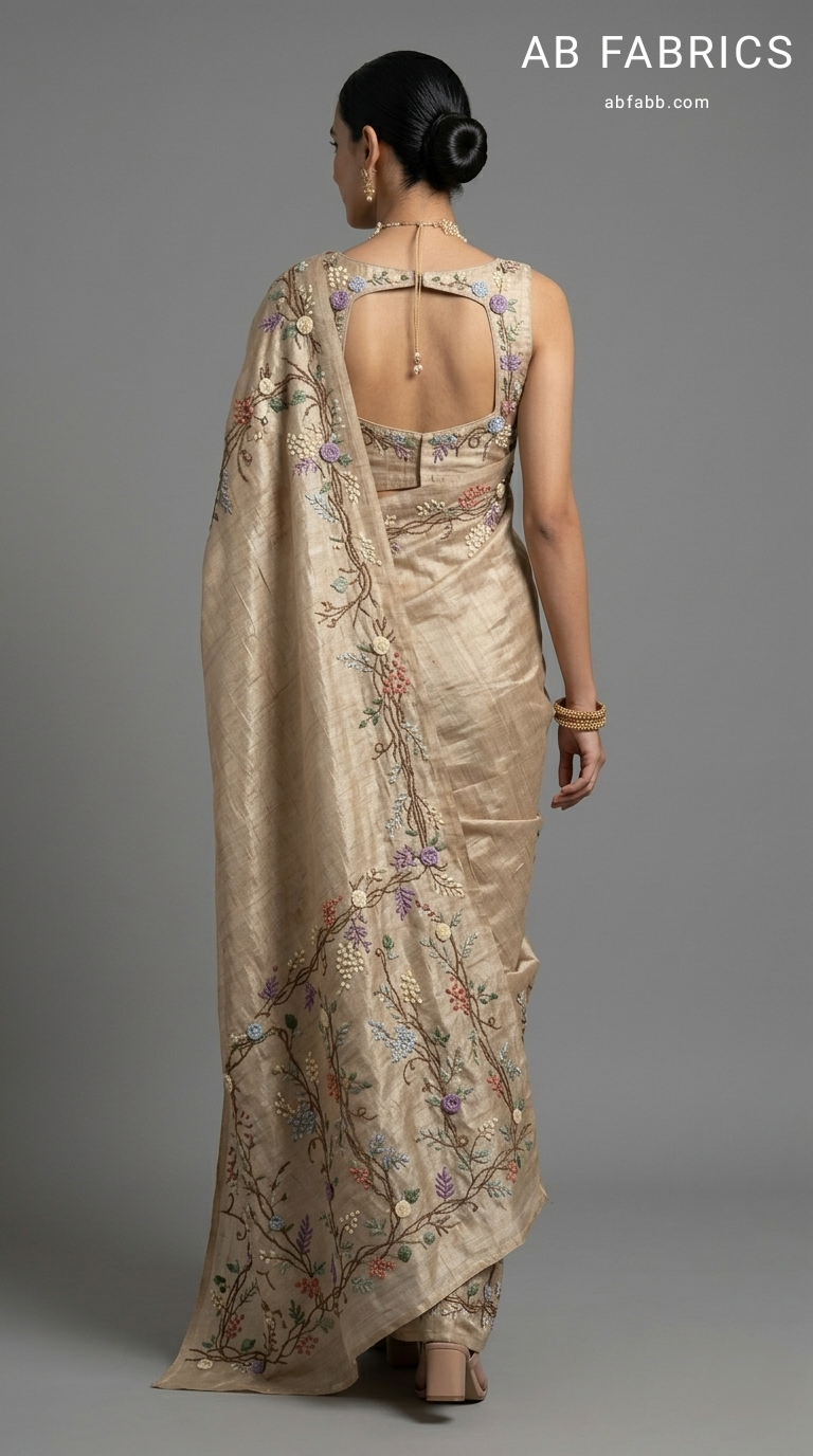 Beige Pure Tussar Silk Saree with Hand-Embroidered 3D Florals