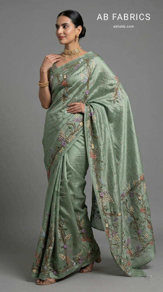 Sage Green Pure Tussar Silk Saree with Hand-Embroidered 3D Blooms