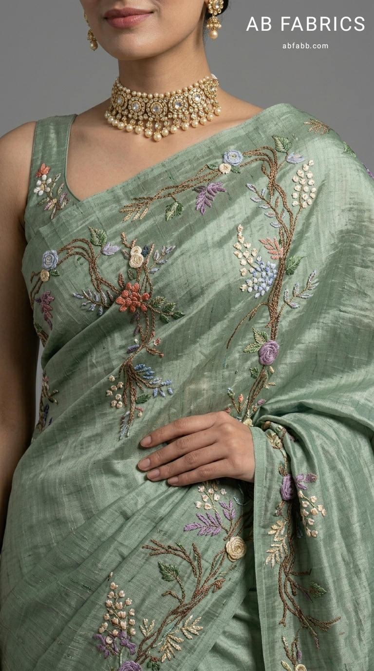 Sage Green Pure Tussar Silk Saree with Hand-Embroidered 3D Blooms