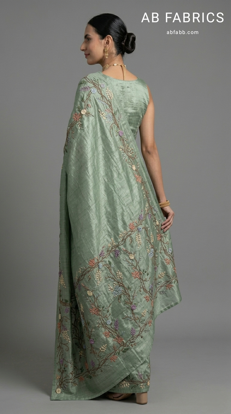 Sage Green Pure Tussar Silk Saree with Hand-Embroidered 3D Blooms