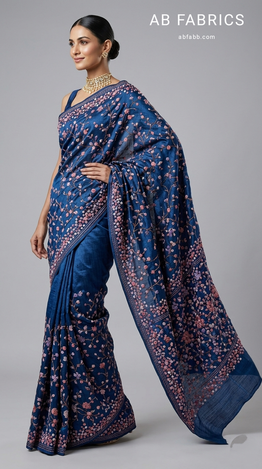 Midnight Navy Pure Tussar Silk Saree with Hand-Embroidered French Knot Blooms