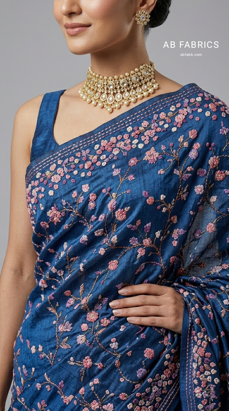 Midnight Navy Pure Tussar Silk Saree with Hand-Embroidered French Knot Blooms