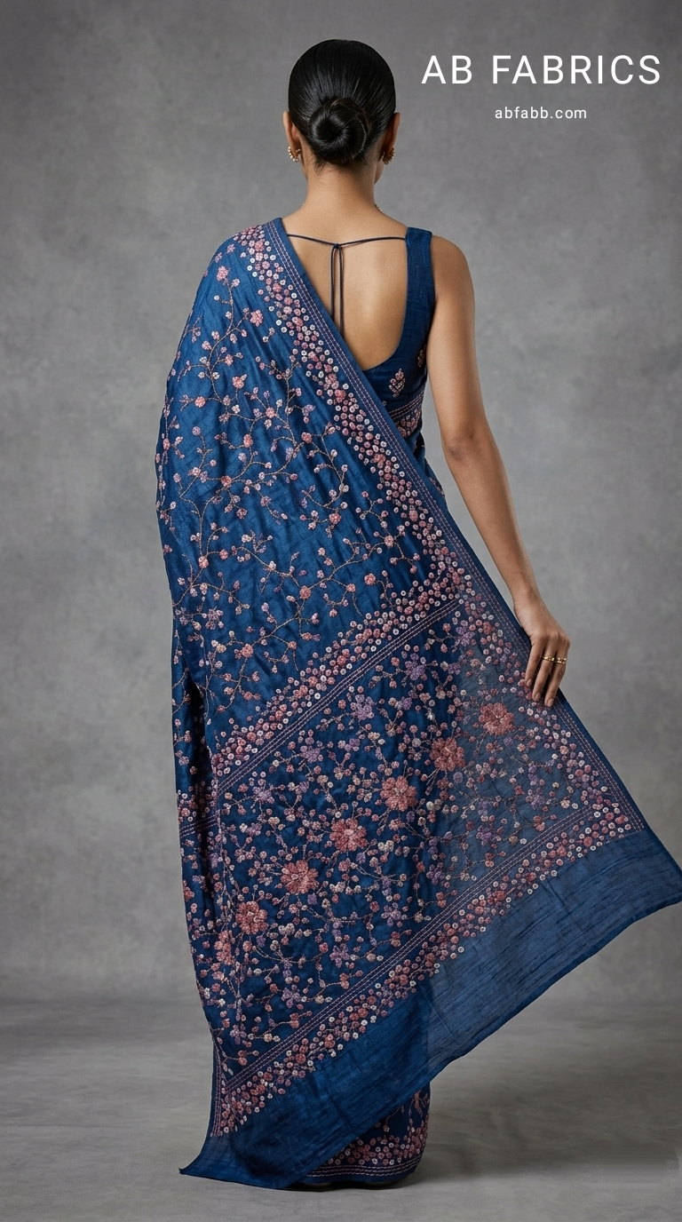 Midnight Navy Pure Tussar Silk Saree with Hand-Embroidered French Knot Blooms