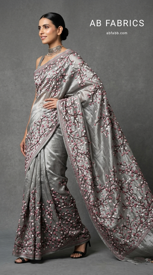 Steel Grey Pure Tussar Silk Saree with Hand-Embroidered French Knot Vines