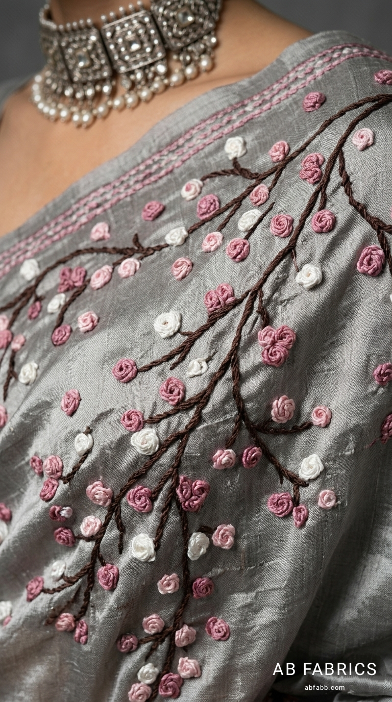 Steel Grey Pure Tussar Silk Saree with Hand-Embroidered French Knot Vines