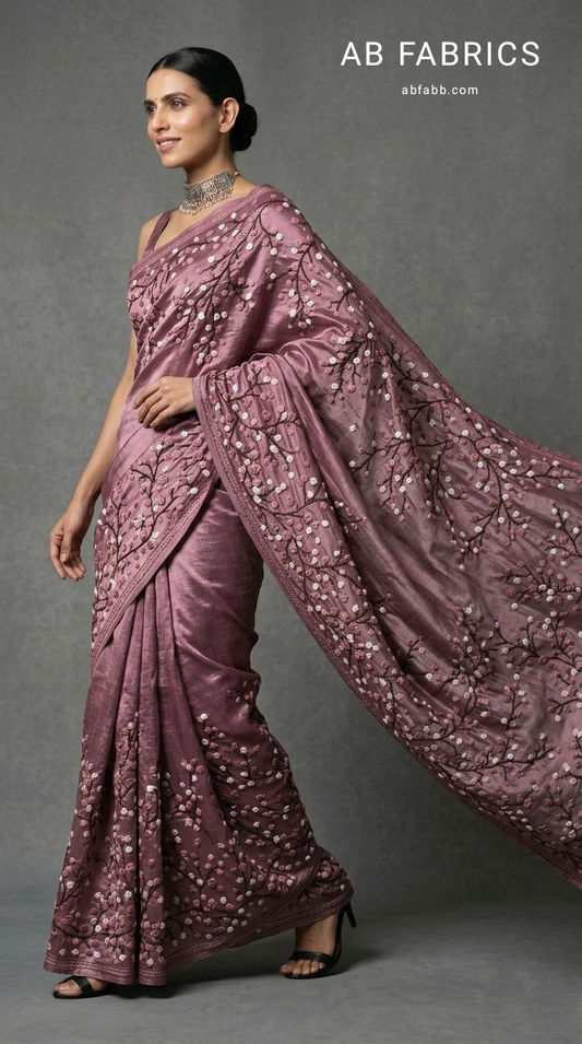 Mauve Pure Tussar Silk Saree with Hand-Embroidered French Knot Blooms