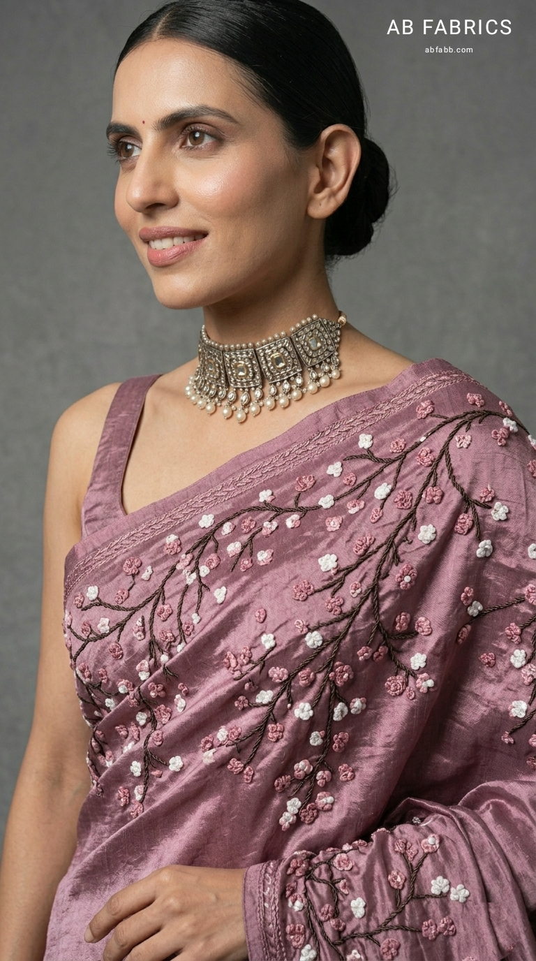 Mauve Pure Tussar Silk Saree with Hand-Embroidered French Knot Blooms