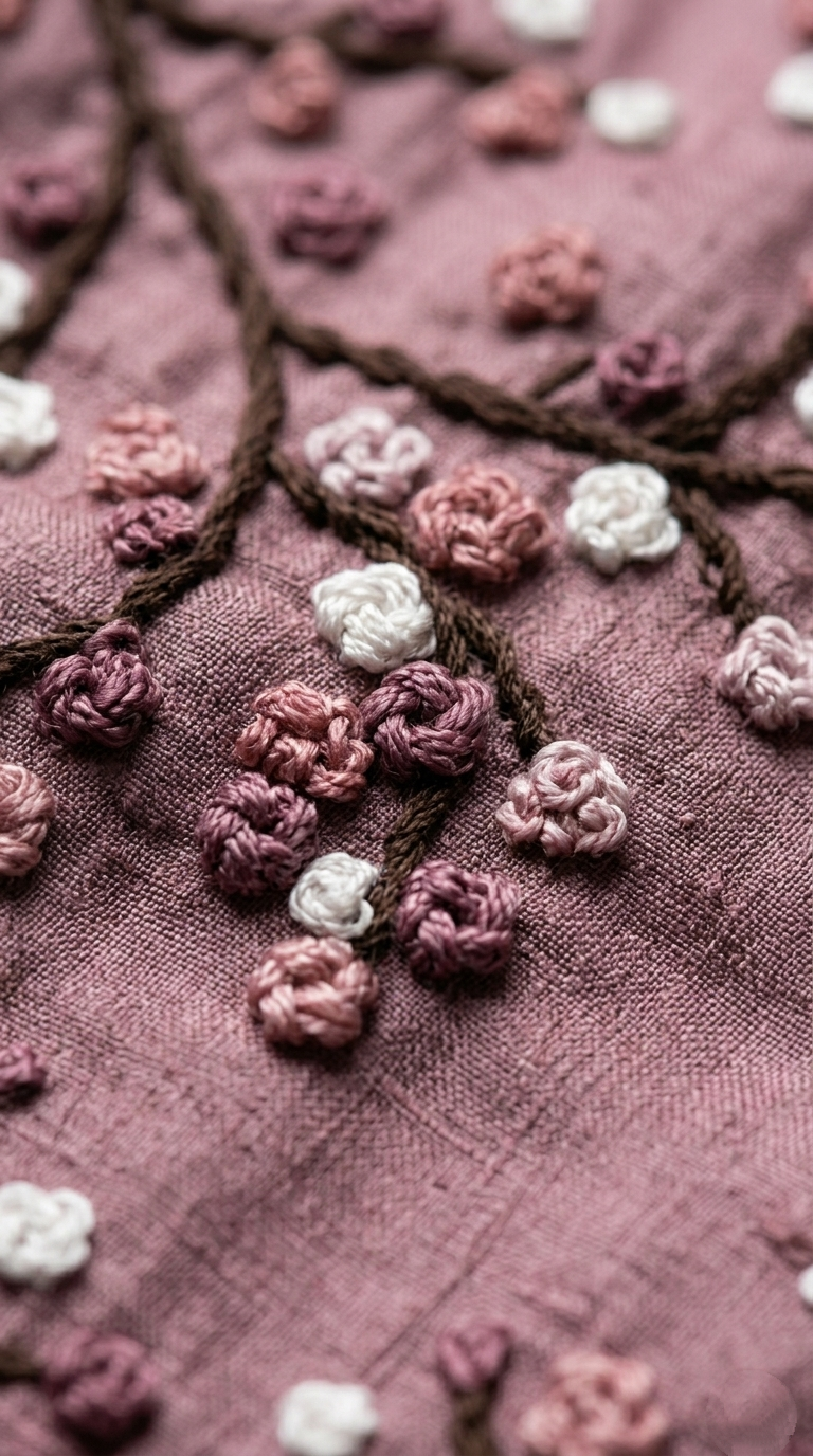 Mauve Pure Tussar Silk Saree with Hand-Embroidered French Knot Blooms