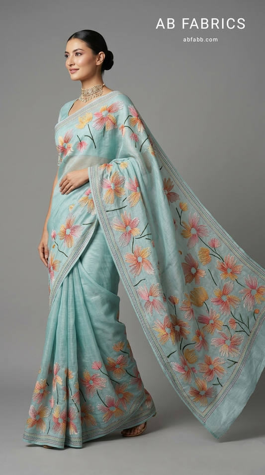 Seafoam Blue Hand threadwork Embroidered Silk Linen Saree