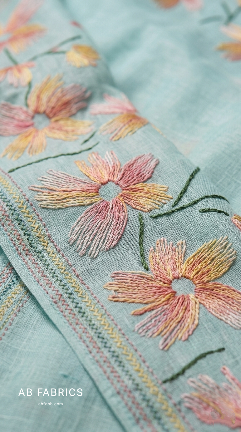 Seafoam Blue Hand threadwork Embroidered Silk Linen Saree