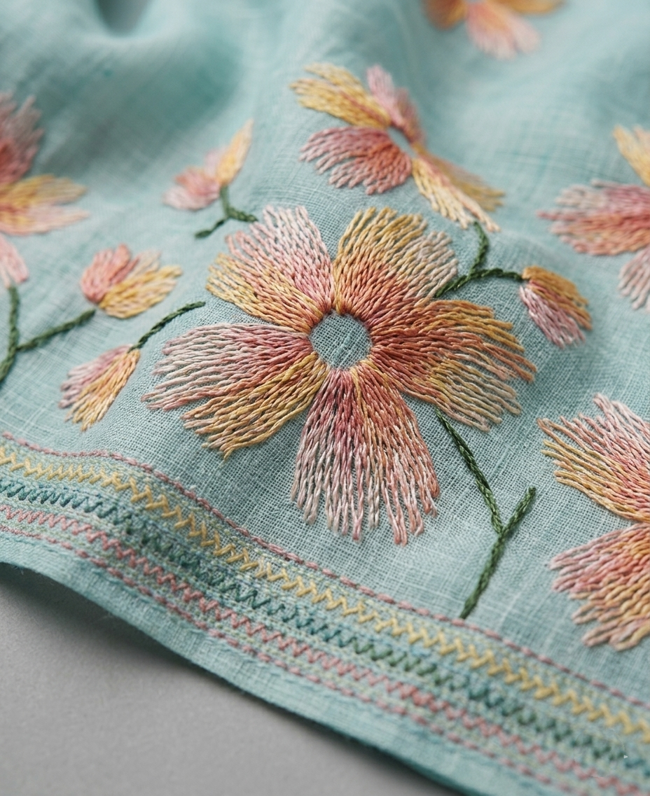Seafoam Blue Hand threadwork Embroidered Silk Linen Saree