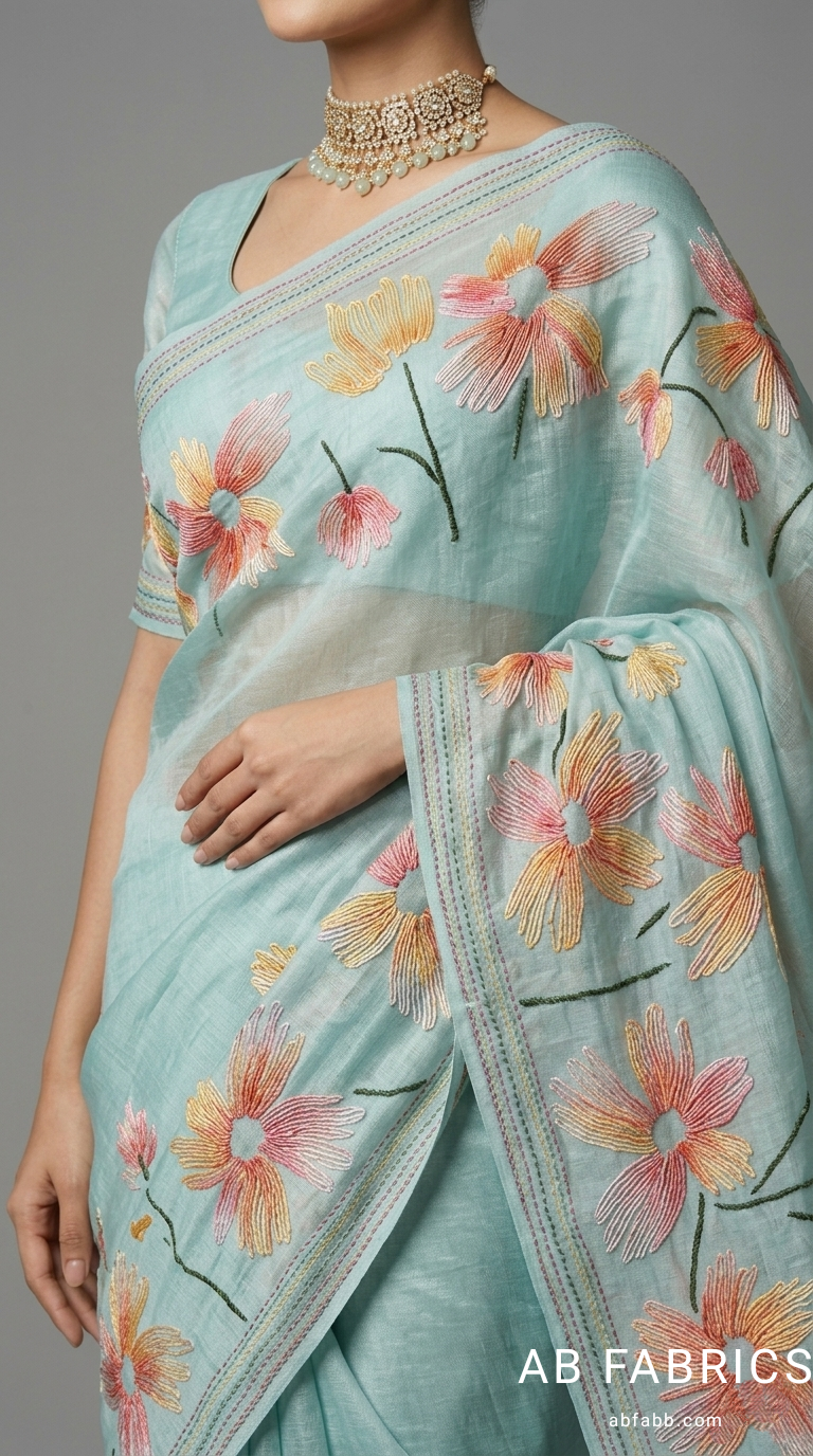 Seafoam Blue Hand threadwork Embroidered Silk Linen Saree