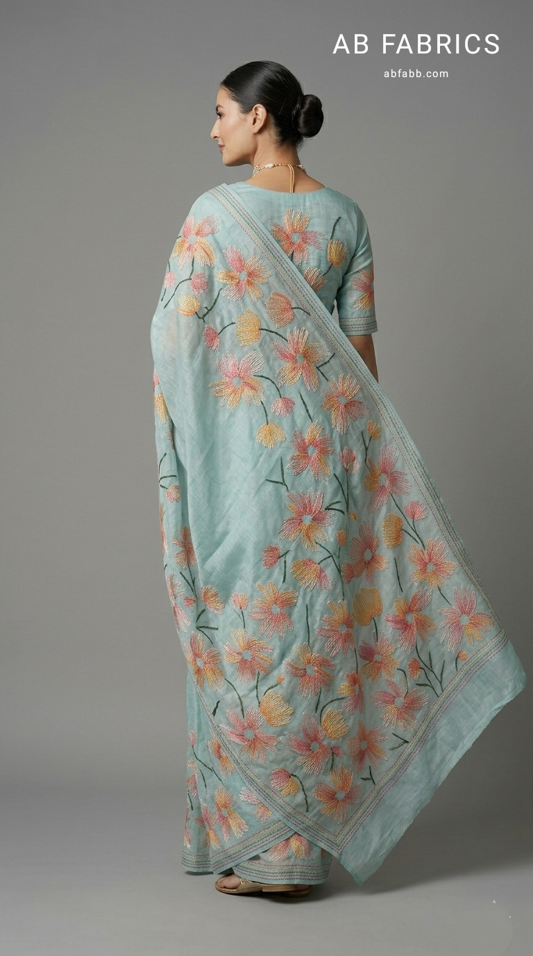 Seafoam Blue Hand threadwork Embroidered Silk Linen Saree