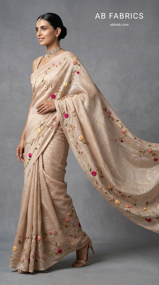 Elegant Soft Beige Hand French Knot Embroidered Silk Linen Saree
