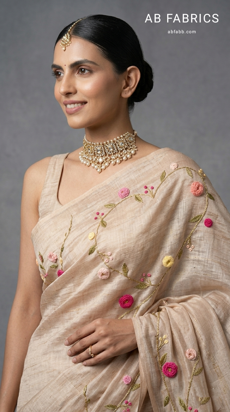 Elegant Soft Beige Hand French Knot Embroidered Silk Linen Saree
