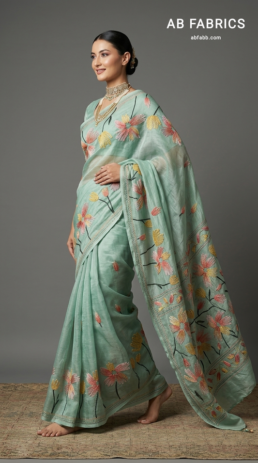 Sage Green Hand threadwork Embroidered Silk Linen Saree