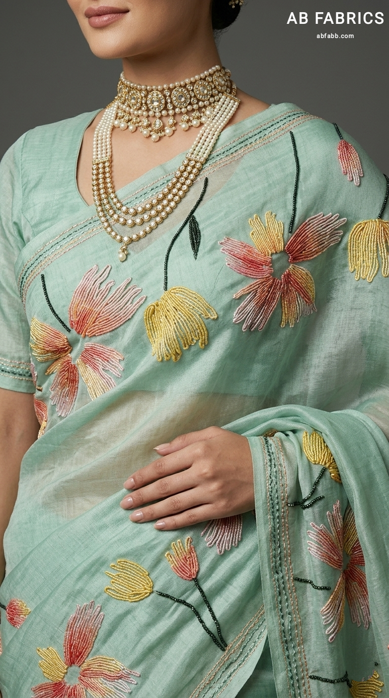 Sage Green Hand threadwork Embroidered Silk Linen Saree
