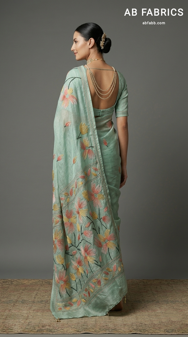 Sage Green Hand threadwork Embroidered Silk Linen Saree