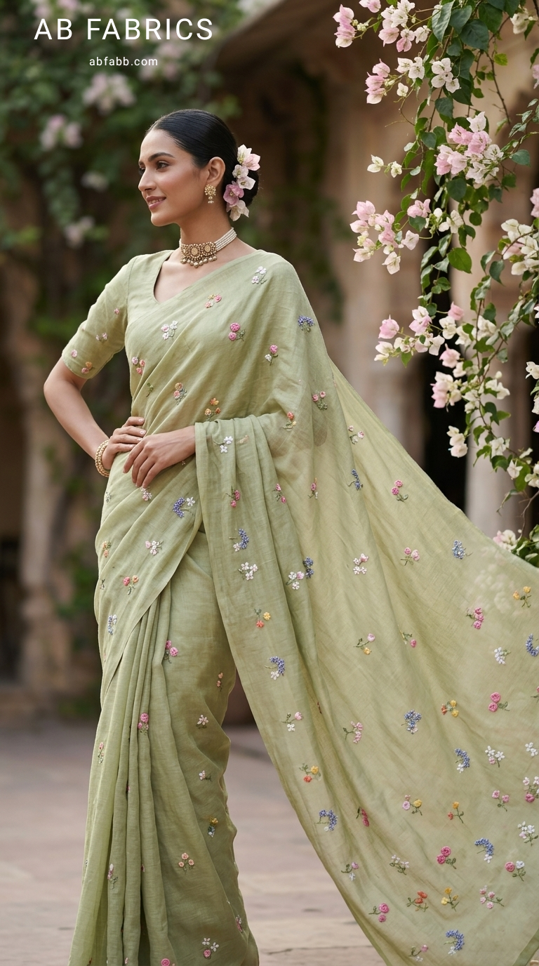Pastel Olive Green Natural Linen Saree with Delicate Floral Hand Embroidered Work