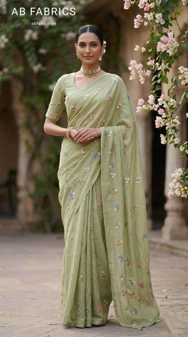 Pastel Olive Green Natural Linen Saree with Delicate Floral Hand Embroidered Work