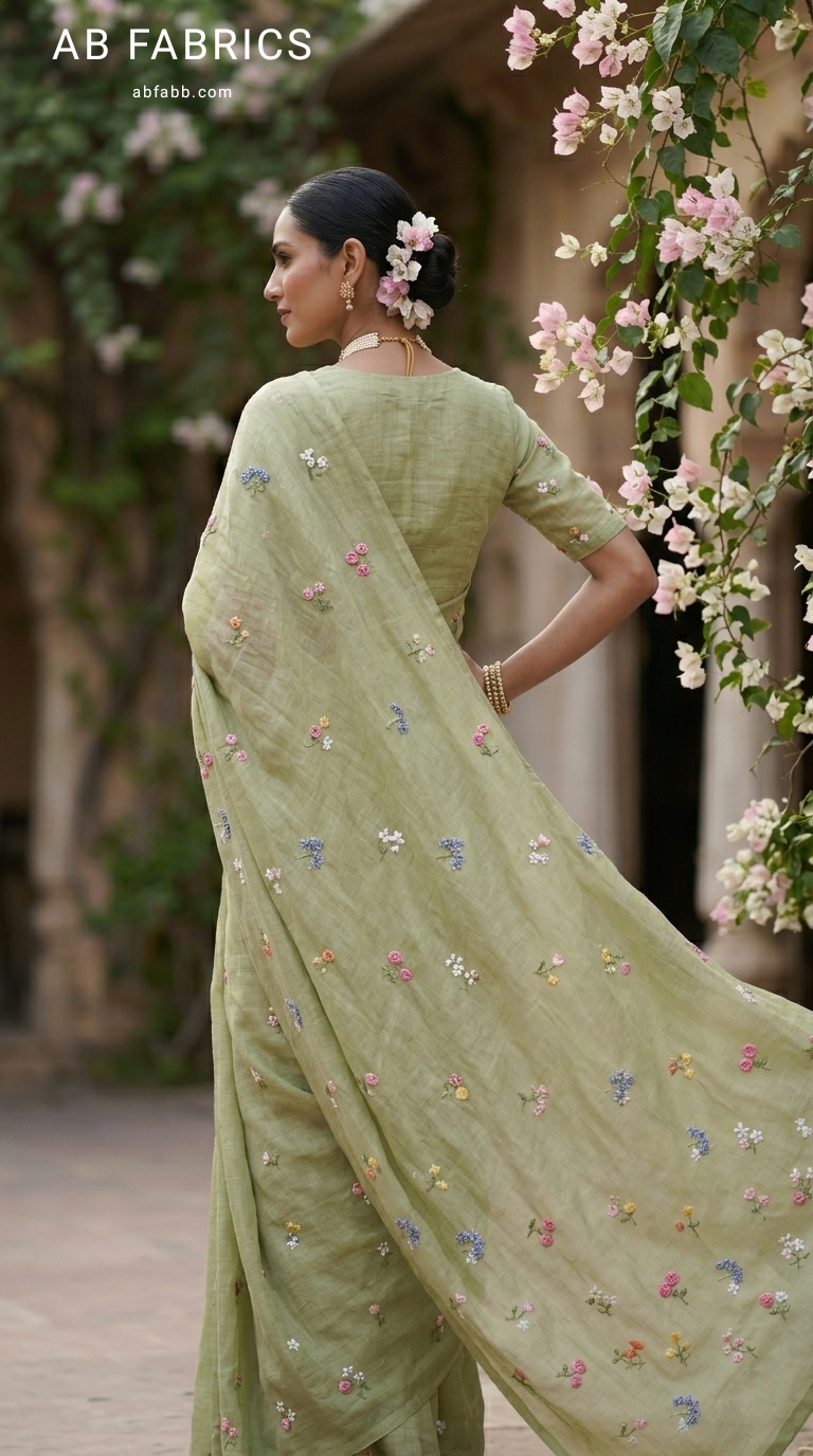 Pastel Olive Green Natural Linen Saree with Delicate Floral Hand Embroidered Work