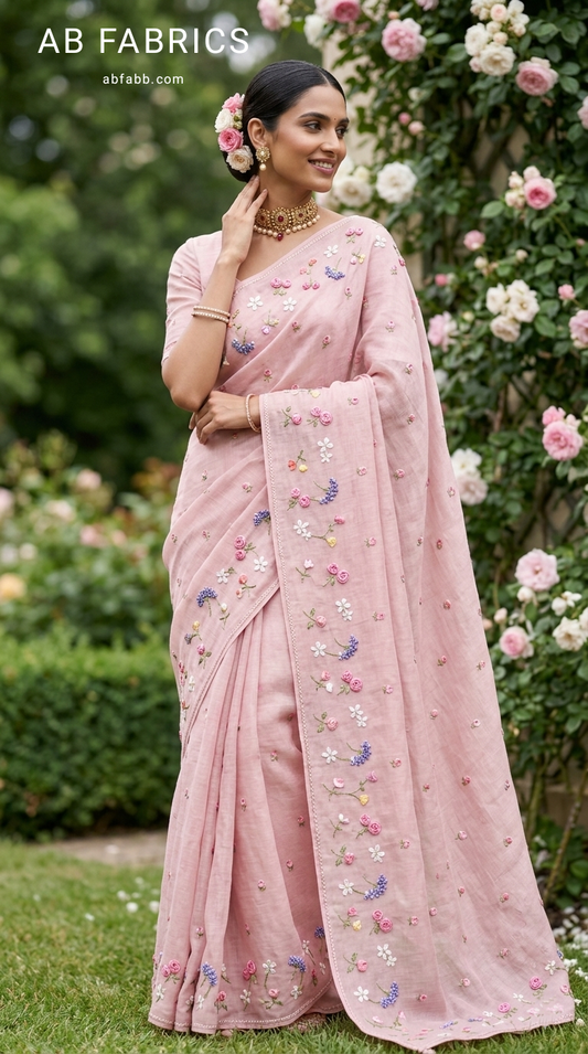 Blush Pink Natural Linen Saree with Delicate Floral Hand Embroidered Work