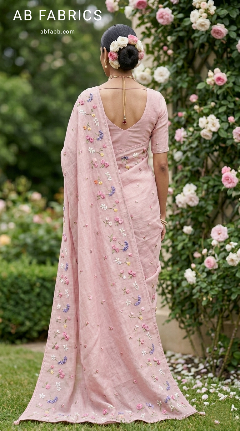 Blush Pink Natural Linen Saree with Delicate Floral Hand Embroidered Work