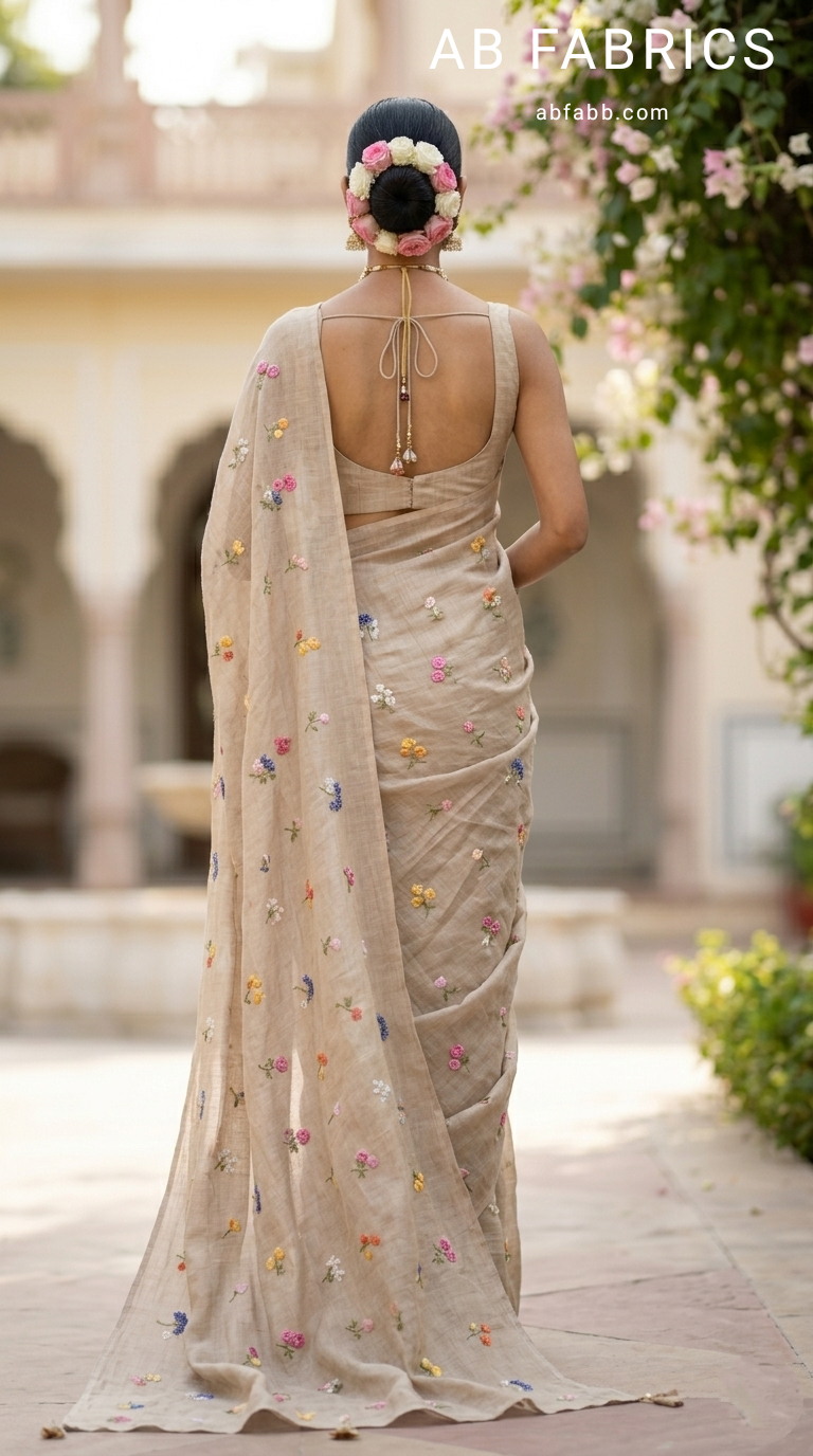 Natural Beige Linen Saree with Beautiful Hand Embroidered Work