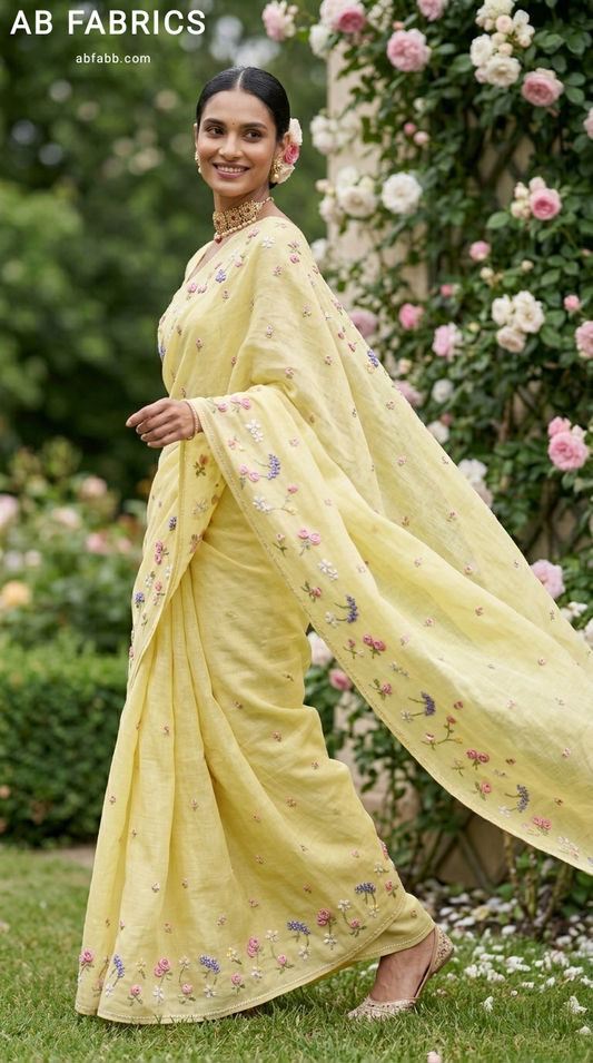 Lemon Yellow Natural Linen Saree with Delicate Floral Hand Embroidered Work