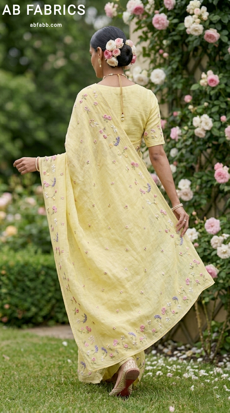 Lemon Yellow Natural Linen Saree with Delicate Floral Hand Embroidered Work