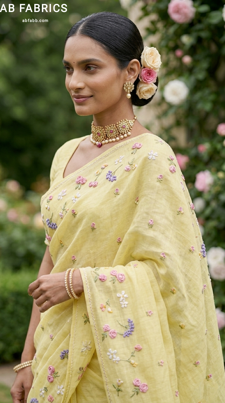 Lemon Yellow Natural Linen Saree with Delicate Floral Hand Embroidered Work