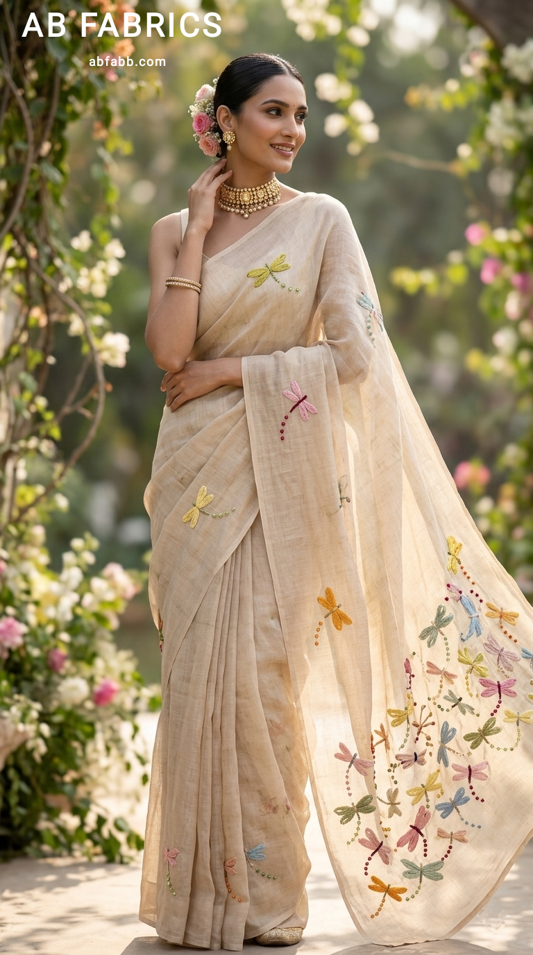 Natural Beige Linen Saree with Hand-Stitched Dragonfly Motifs