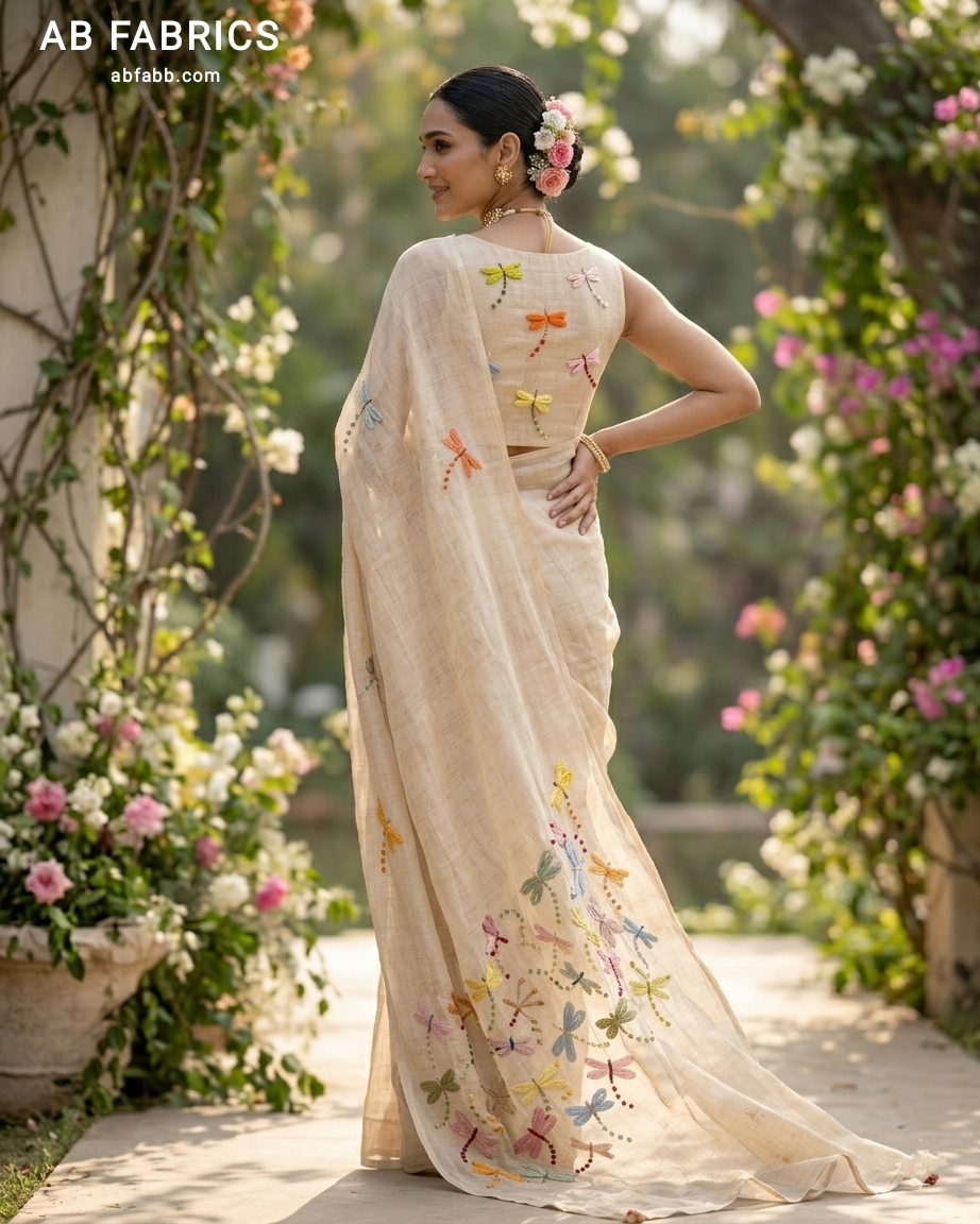 Natural Beige Linen Saree with Hand-Stitched Dragonfly Motifs