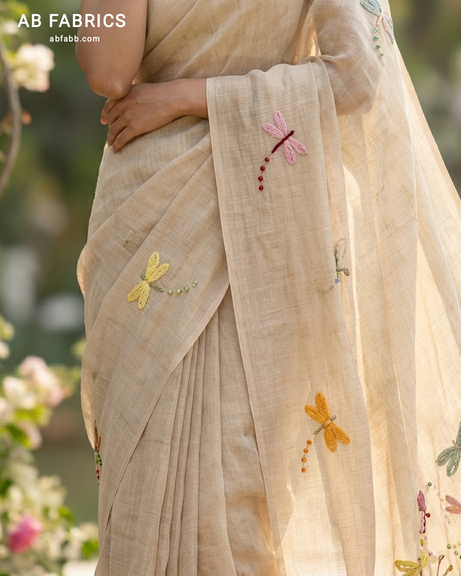 Natural Beige Linen Saree with Hand-Stitched Dragonfly Motifs