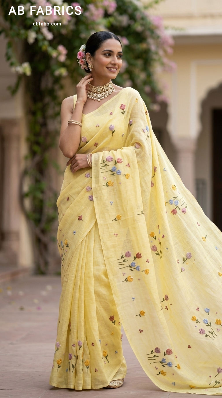 Lemon Zest Natural Linen Saree with Vibrant Hand-Embroidered Flowers